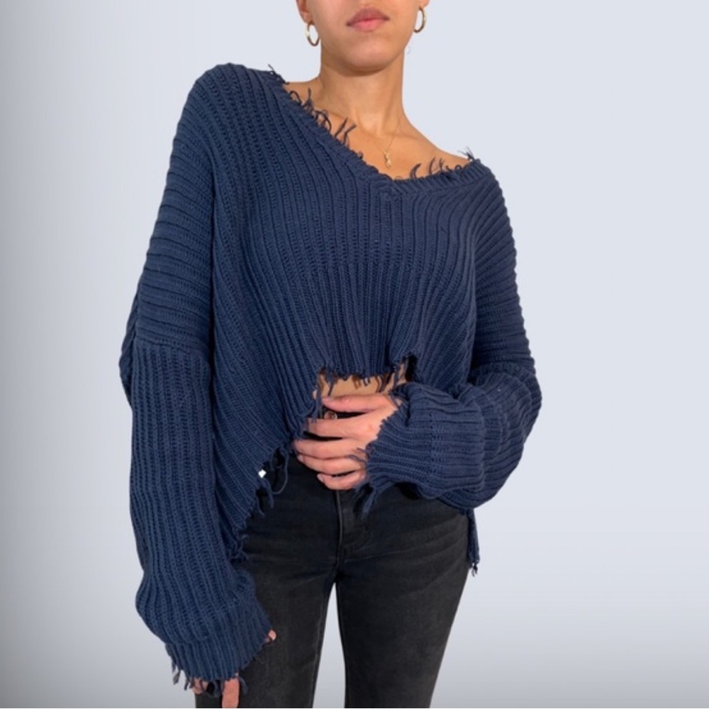 NWOT Skylar + Madison Royal Blue Raw Hem Distressed Oversized Sweater Size S
